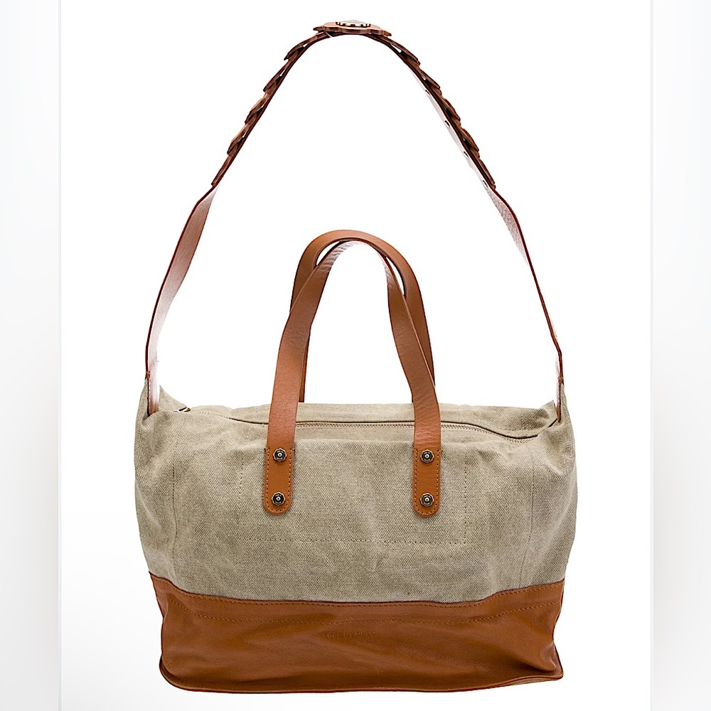 See By Chloe Gray Canvas Brown Leather Shoulder Tote with Flower Strap